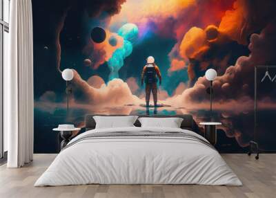 Astronaut looking clouds on space sky background, digital art style, illustration painting (ai generated) Wall mural