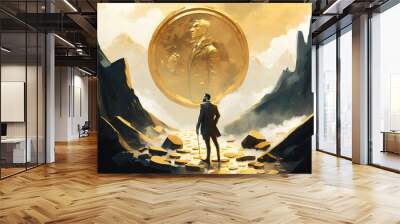 Digital illustration painting design style a businessman standing is in front of big gold coin, against mystery land. (ai generated) Wall mural