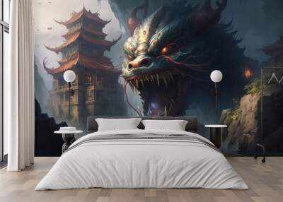 Digital painting fantasy painting of a chinese temple and giant dragon digital illustration, illustration painting (ai generated) Wall mural