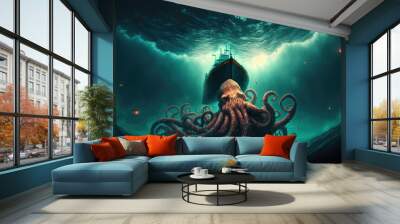 Digital painting of fantasy scene showing Cthulhu the giant octopus destroying ships, digital art style. (ai generated) Wall mural