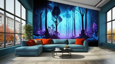 Fairy forest at night, fantasy glowing flowers and lights. (ai generated) Wall mural