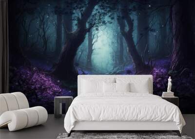 Fairy purple forest at night, fantasy glowing flowers and lights. (ai generated) Wall mural