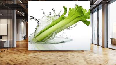 Fresh leaf celery with water splash isolated on  a white background (ai generated) Wall mural