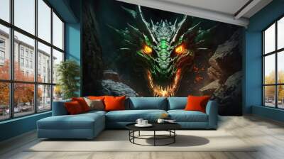 Huge medieval dragon with glowing green eyes and flames in a dark cave. Mythical creature. Concept art of the dragon head in the Gothic style. (ai generated) Wall mural