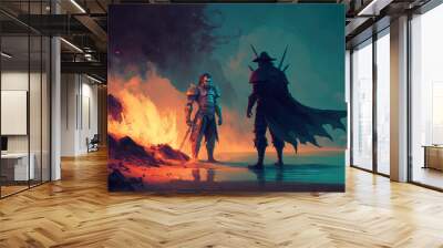 illustration painting of a confrontation between a hero and a villain set against (ai generated) Wall mural