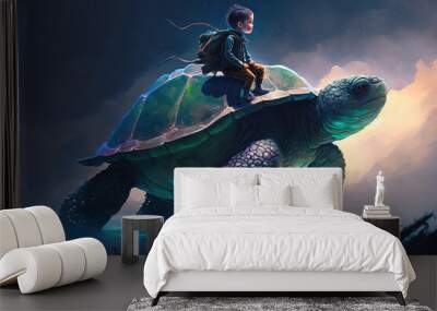 Illustration painting of Boy Sitting on giant tortoise in the oceans, digital painting (ai generated) Wall mural