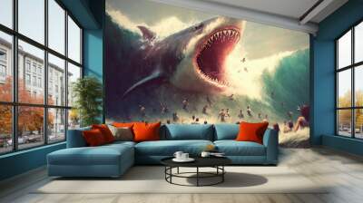 illustration painting of giant shark attacks people in the sea (ai generated) Wall mural