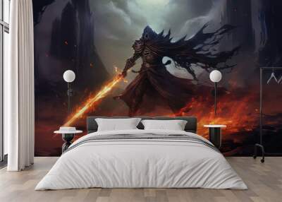 illustration painting of knight with the magic sword standing on the fire, digital art style Wall mural