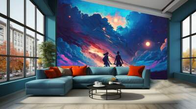 illustration painting of love riding on bicycle against night sky with colorful clouds, digital art style. (ai generated) Wall mural