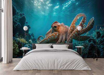 Image for 3d floor. Underwater world. Octopus. corals. (ai generated) Wall mural