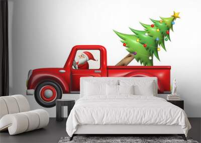 Merry Christmas and Happy New Year. Santa Claus in red retro convertible car carries Christmas tree. Xmas 3d design, vintage banner, modern poster, holiday. Winter. 3d render illustration Wall mural