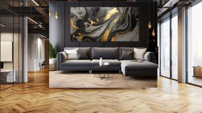 Modern luxury living room interior and decoration mock up furniture and black, gray and gold marble wall pattern background.3D rendering (ai generated) Wall mural