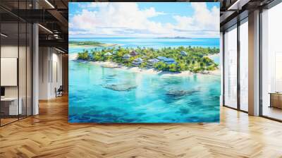 oil painting on canvas, Maldives paradise scenery. Tropical aerial landscape, water villas with amazing sea and lagoon beach, tropical nature. Exotic tourism destination banner, summer vacation. Wall mural