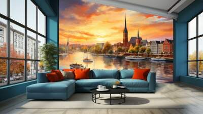 oil painting on canvas, Scenic summer evening view of the Old Town pier architecture in Lubeck, Germany. (ai generated) Wall mural