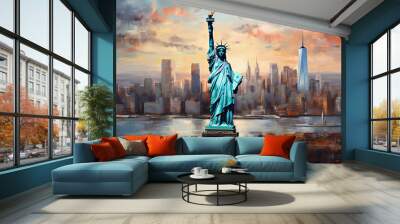 oil painting on canvas, The Statue of Liberty with One World Trade Center background, Landmarks of New York City, USA. (ai generated) Wall mural