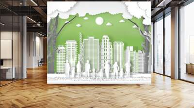 Paper art and cut of landscape of peoples exercise and relax in the morning city on summer, fresh air in the green park as nature, healthy and craft style concept. vector illustration Wall mural