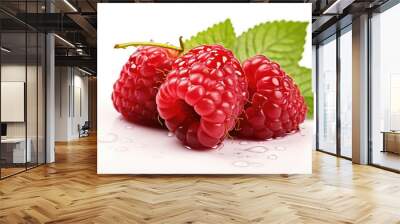 Raspberry isolated. Three red raspberries with green leaf isolate. Raspberry with leaves isolated on white. (ai generated) Wall mural