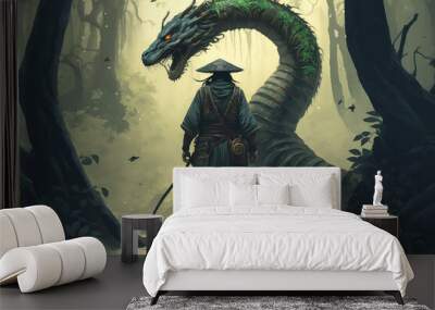 samurai standing against the great serpent in the evergreen forest, snake,tale monster,creatures of myth and Legend ,digital art, Illustration painting. (ai generated) Wall mural