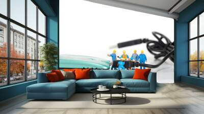 Selective focus of miniature engineer and worker plugin or install antenna of wireless router as technology, communication and network concept. Wall mural