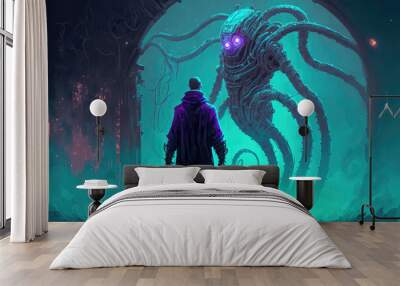 the futuristic man standing and facing the tentacle robot, digital art style, illustration painting (ai generated) Wall mural