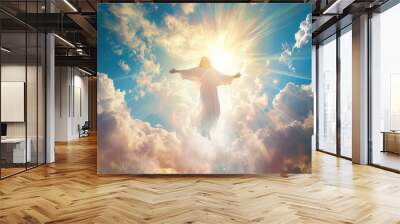 The resurrected Jesus Christ ascending to heaven above the bright light sky and clouds and God, Heaven and Second Coming concept Wall mural