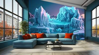 Winter landscape with glaciers. neon light. Blocks of ice on the water in Antarctica. Beautiful winter snow background. 3D illustration. (ai generated) Wall mural