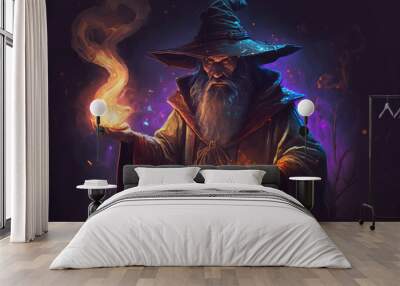 Wizard casting a spell against a fantasy concept art character (ai generated) Wall mural