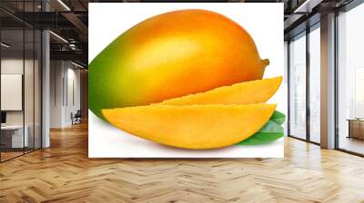 Juicy fresh mango with two slices and leaves isolated on a white background. Ripe tropical fruit with antioxidant effect. Wall mural