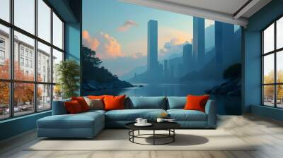 City Skyline Reflecting in Lake Wall mural