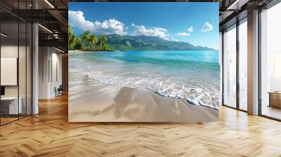 A beautiful beach with a clear blue ocean and palm trees in the background. The ocean is calm and the waves are gentle. The beach is empty, giving it a peaceful and serene atmosphere Wall mural