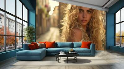 A blonde woman with long curly hair standing in an urban alleyway Wall mural