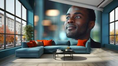 A cheerful black businessman gazes upwards, embodying confidence and satisfaction in his professional environment Wall mural