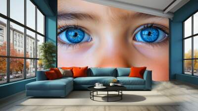 A child gazes intensely with striking blue eyes, reflecting wonder and innocence in a softly lit environment Wall mural