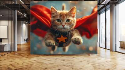 A close-up shot of a young orange tabby kitten wearing a red cape, flying in the air with a serious expression Wall mural