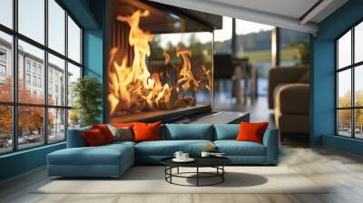 A close-up view of a fire burning inside a fireplace in a modern living room Wall mural