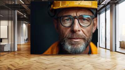 A construction worker wearing a yellow hard hat and safety glasses looks directly at the camera Wall mural