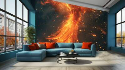 A fiery bird with its wings spread out, surrounded by a cloud of sparks. Concept of danger and excitement, as if the bird is about to take flight and ignite the surrounding area Wall mural