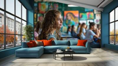 A girl with long hair is sitting in a classroom with other students. The room is decorated with colorful paintings on the walls. Scene is cheerful and lively, as the students are engaged in learning Wall mural