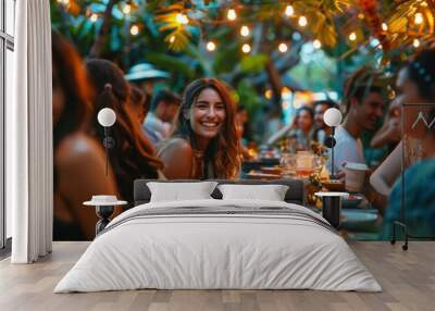 A group of people are sitting around a table with food and drinks, smiling and enjoying each other's company Wall mural