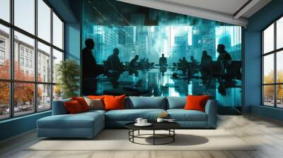 A group of people are sitting at a table in a room with a large window. The room is filled with people and the atmosphere is tense Wall mural