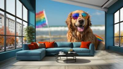 A happy golden retriever Labrador dog with a rainbow flag in the background is wearing sunglasses on the beach Wall mural