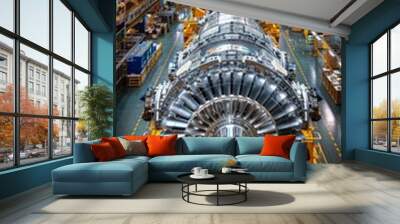 A large machine with a long silver tube is in a factory. The machine is in the middle of the factory and is surrounded by other machines. The machine is very large and takes up most of the image Wall mural