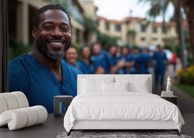 A man in a blue scrubs shirt is smiling and posing for a picture. He is surrounded by a group of people in blue scrubs Wall mural