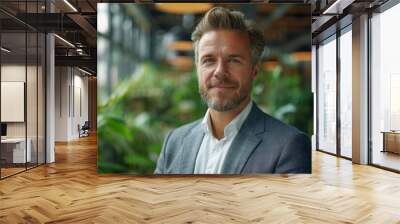 A man in a suit and tie is smiling for the camera. He looks confident and happy. The image is set in a greenhouse with many plants, creating a natural and peaceful atmosphere Wall mural