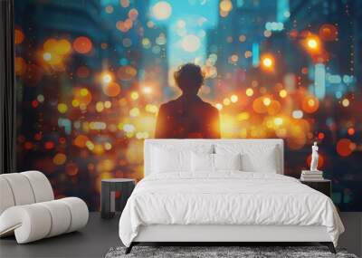 A man standing amidst city lights at night, showcasing urban scenery and nightlife Wall mural