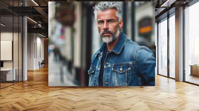 A man with a beard and gray hair is wearing a blue denim jacket. He is standing on a sidewalk in front of a building Wall mural