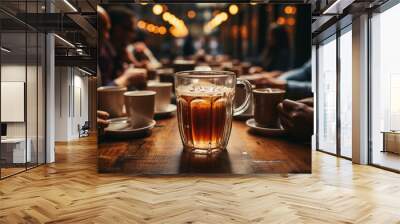 A mug of coffee sits on a wooden table in a crowded cafe, surrounded by other patrons enjoying their beverages Wall mural