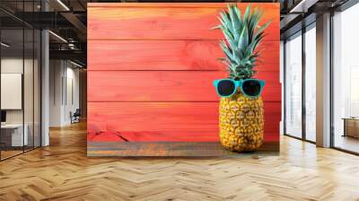 A pineapple wearing sunglasses is sitting on a wooden table. The image has a fun and playful mood, as the pineapple is dressed up like a person wearing sunglasses Wall mural