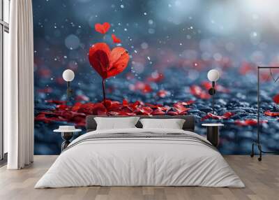 A red flower with three hearts on it is surrounded by red petals. The image has a romantic and sentimental mood Wall mural