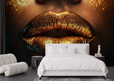 A woman's lips are painted gold and blue. The lips are very large and the gold and blue colors are very bright Wall mural